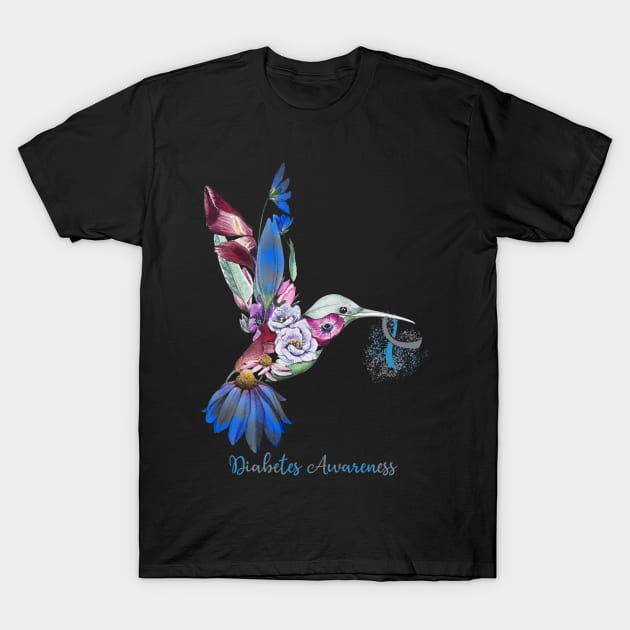 Diabetes Awareness Humming Bird Flowers Ribbon T-Shirt by Margaretsantana